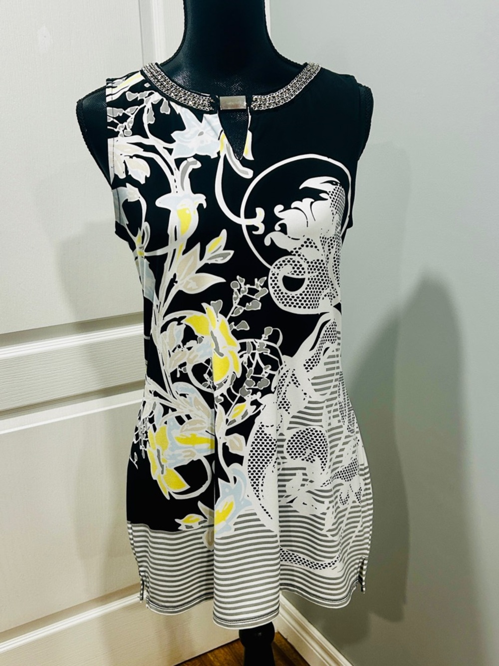 Cleo Black White Floral Tunic Top/Mini Dress with Yellow Highlights